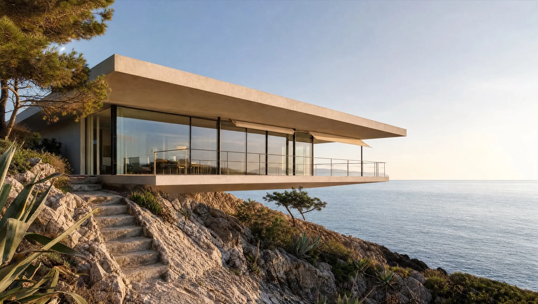Casa a un piano con copertura piana a sbalzo e vetrata continua, posata sulla roccia calcarea sopra il mare aperto, con un pino marittimo sulla sinistra