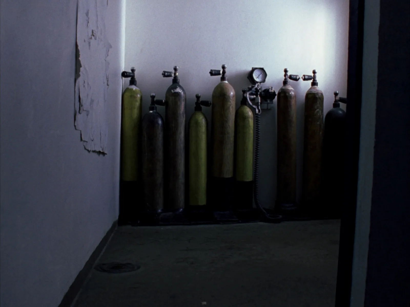 Le bombole allineate contro la parete della sala compressore.