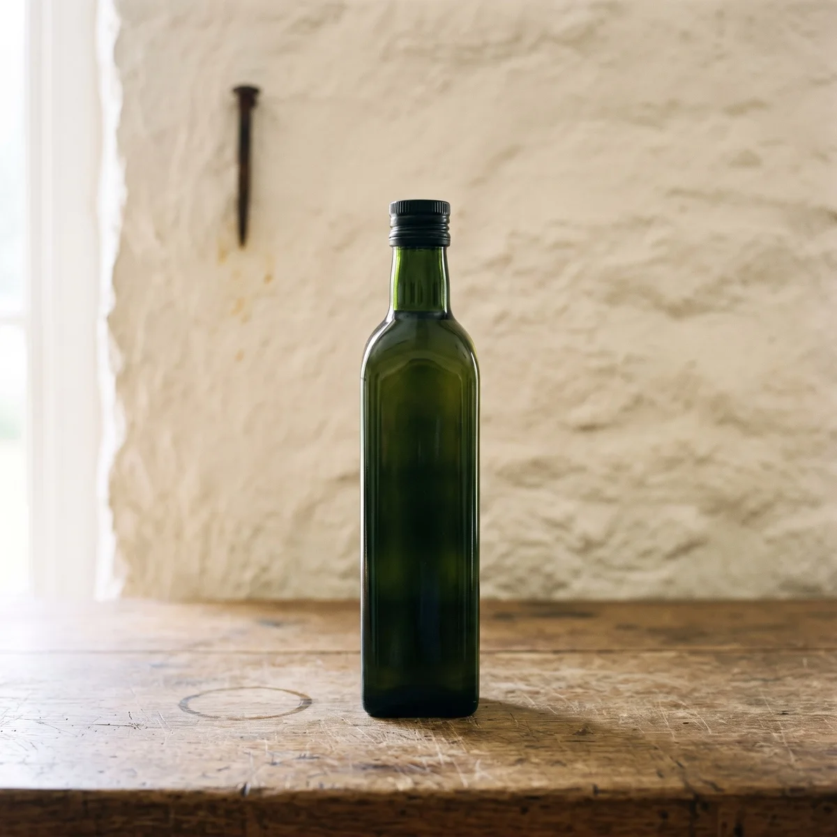 Bottiglia di olio in vetro scuro su un banco di legno.