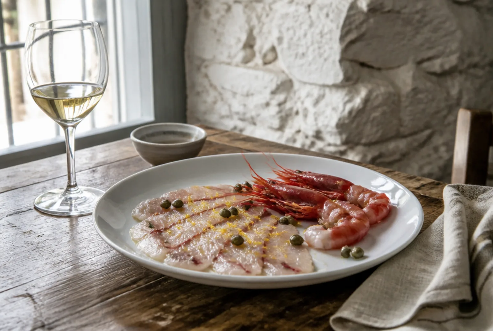 Piatto di crudo di mare: carpaccio di ricciola con capperi e gamberi rossi interi