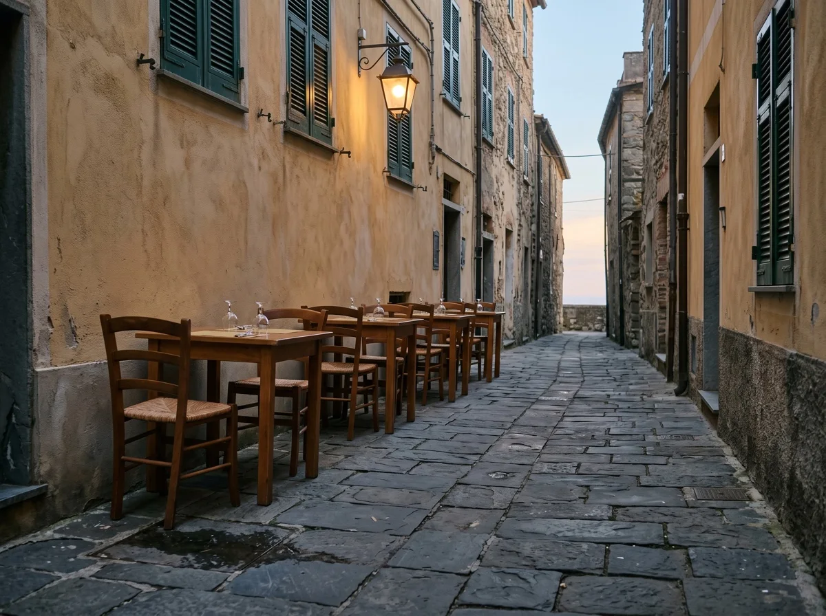I tavoli apparecchiati nel vicolo, davanti alla trattoria, al tramonto
